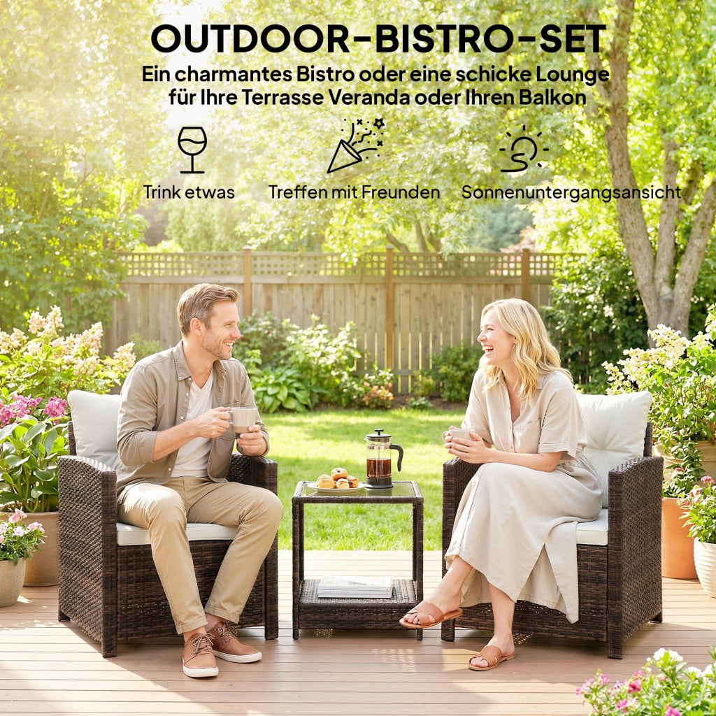 Set Giardino Bistrot Rattan con 2 Sedie e Tavolo Vetro ¨C zephmum ¨C 2 Posti Cremewei?