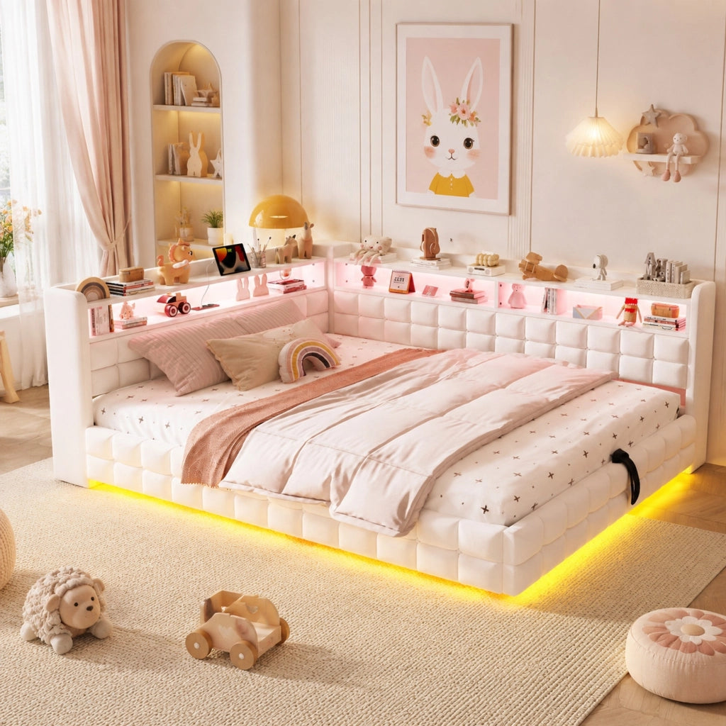 LETTO imbottito 140x200 cm Beige con contenitore idraulico, LED e prese USB-C