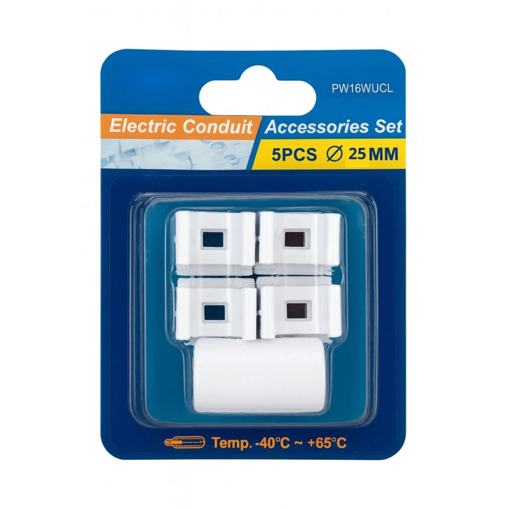 Kit 5 Accessori Per Tubo Rigido e Flessibile Da 25mm, 4 Clip Fissatubo A Scatto + 1 Giunto Raccordo Lineare, Colore Bianco IP40