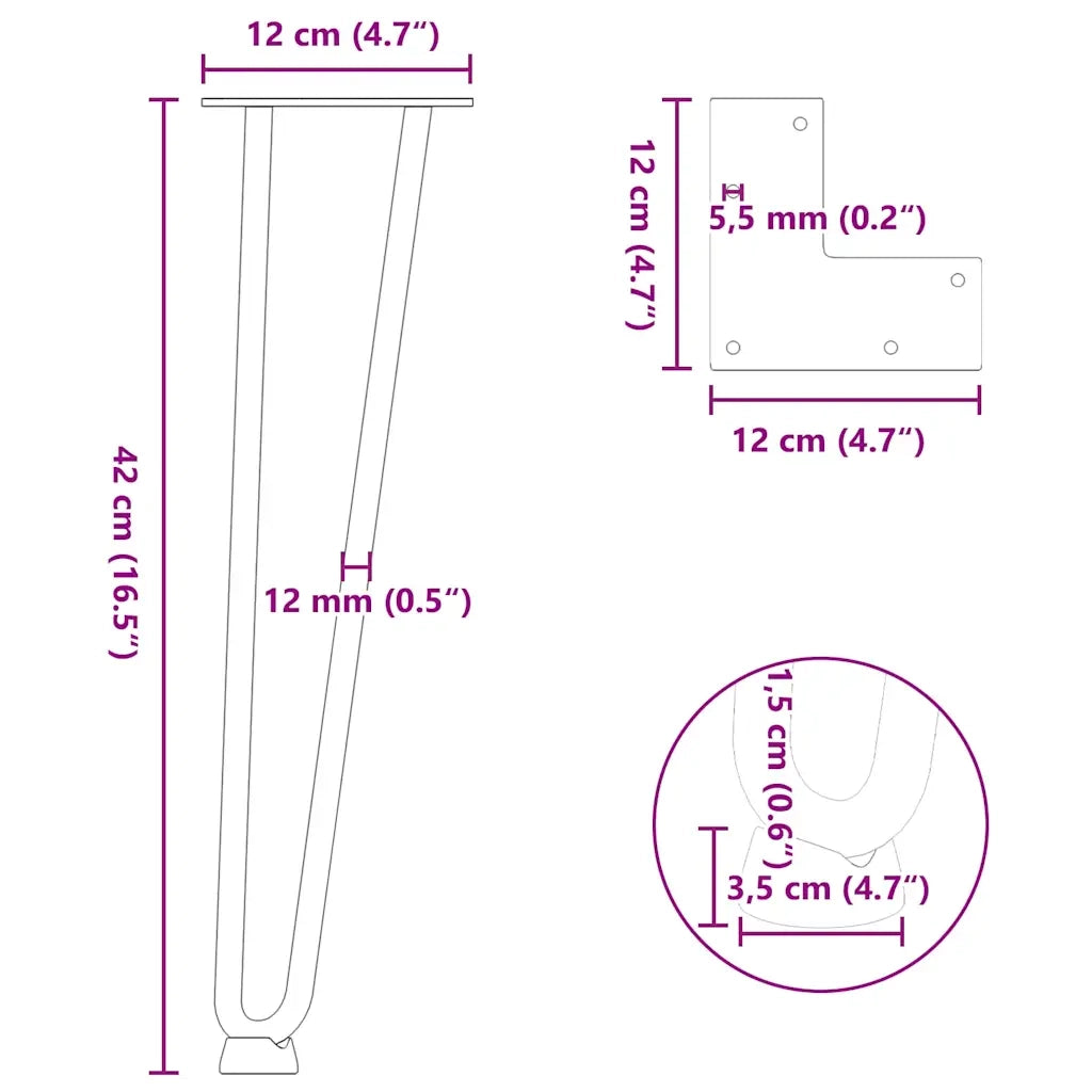 Gambe a forcina per tavolino 4 pz | Piede del tavolo in acciaio naturale 42 cm in acciaio massiccio