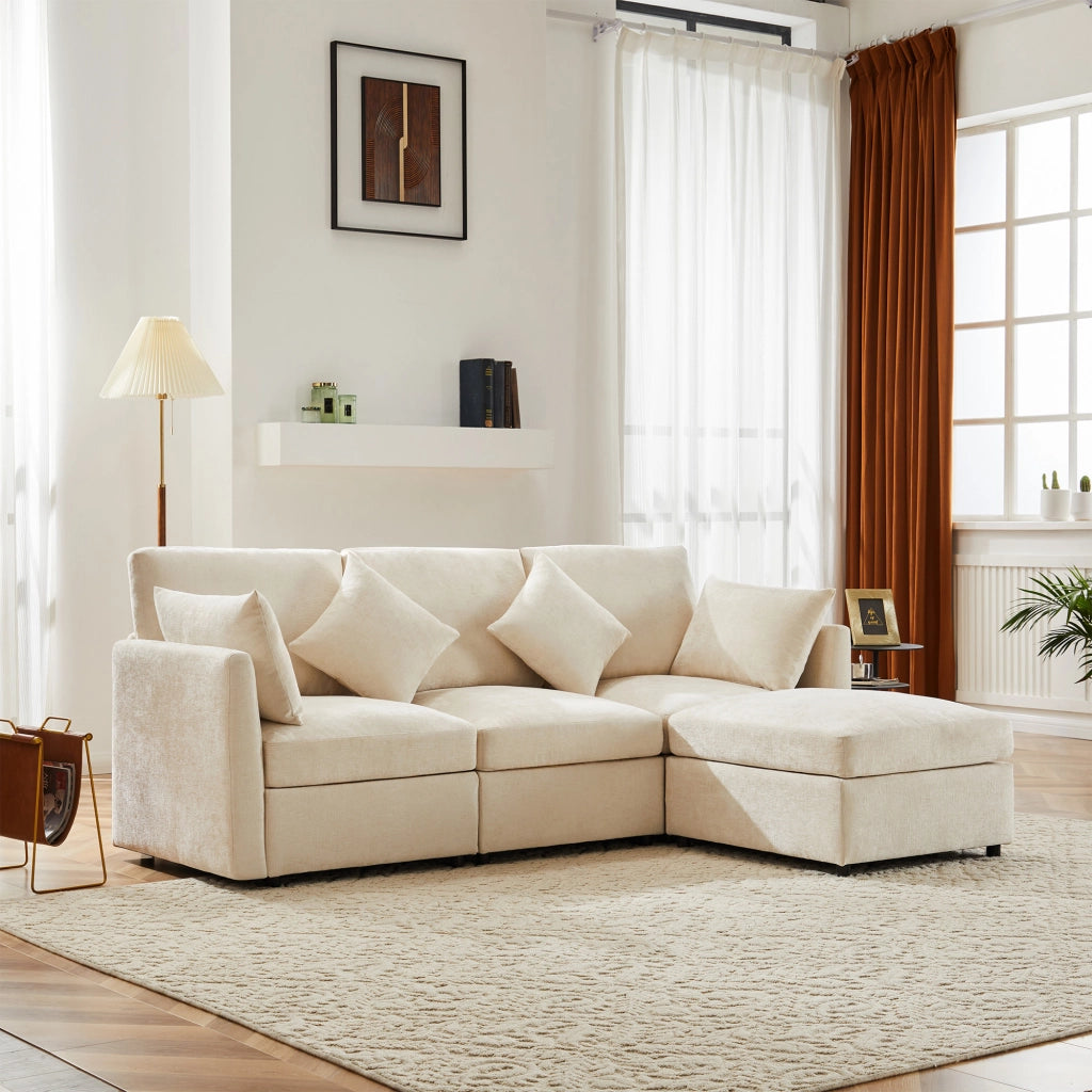 Divano angolare L convertibile in 3 posti - Zephmum - Modulare con pouf mobile e 4 cuscini in chenille, beige