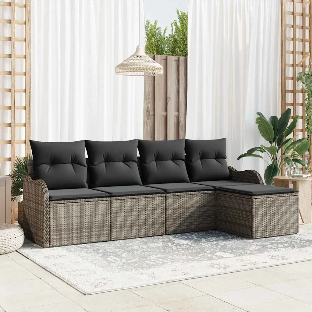 Set Divano da Giardino con cuscino 5 pcs Grigio Poly Rattan