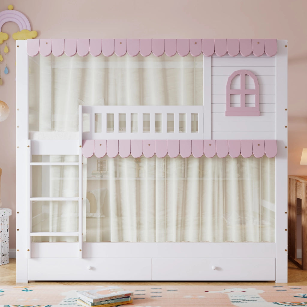 LETTO a castello 90x200 cm Bianco e Rosa con cassetti e ripiani