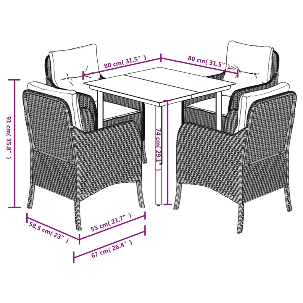 Set da Pranzo da Giardino 5 pz con Cuscini in Polyrattan Grigio