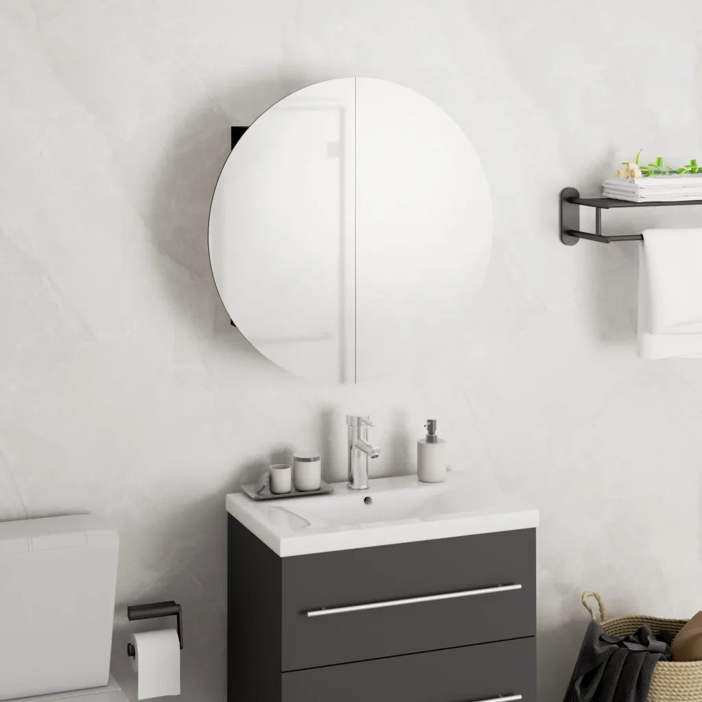 Armadio da Bagno | Mobile da Bagno con Specchio Rotondo e LED Nero 40x40x17,5cm