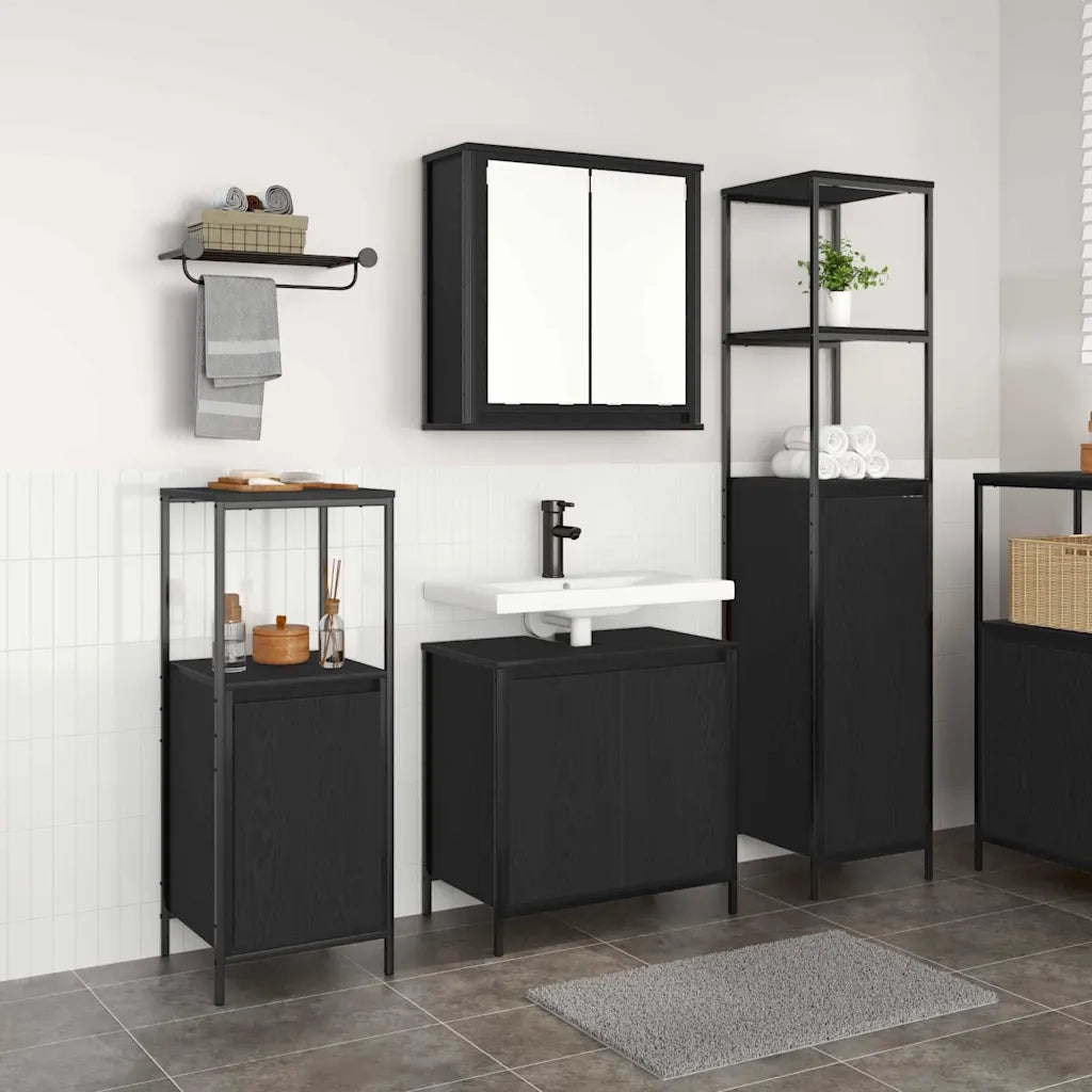 Set di mobili per il Bagno | Armadio da bagno 3 pz Rovere Nero Legno multistrato