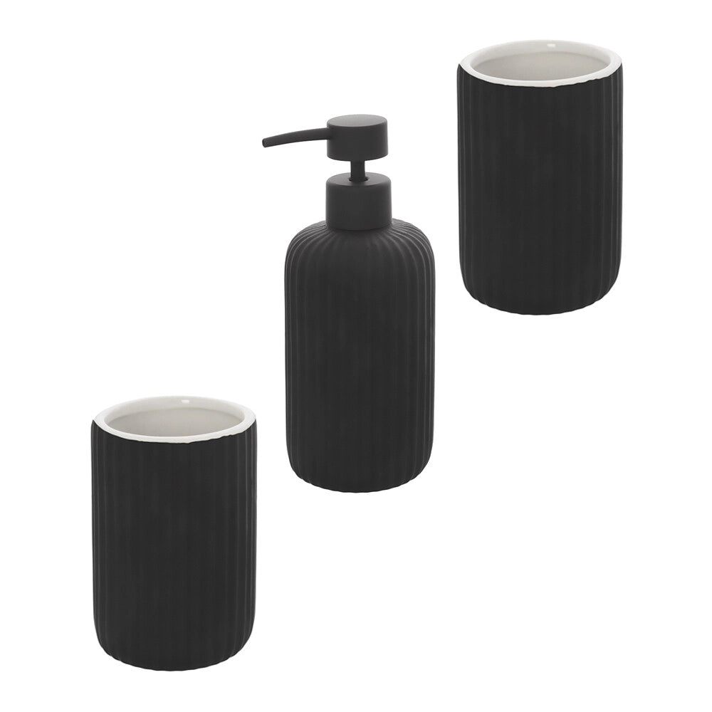 Set accessori bagno in ceramica nero con dispenser sapone e due portaspazzolini Spring