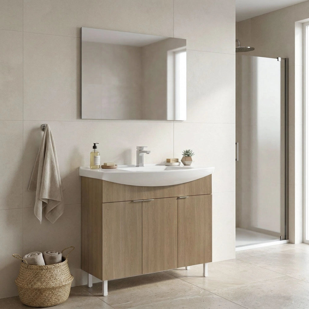 Set mobile lavabo con specchio (2 pezzi) "Purus 100" - 100 x 50 x 83 cm - Rovere