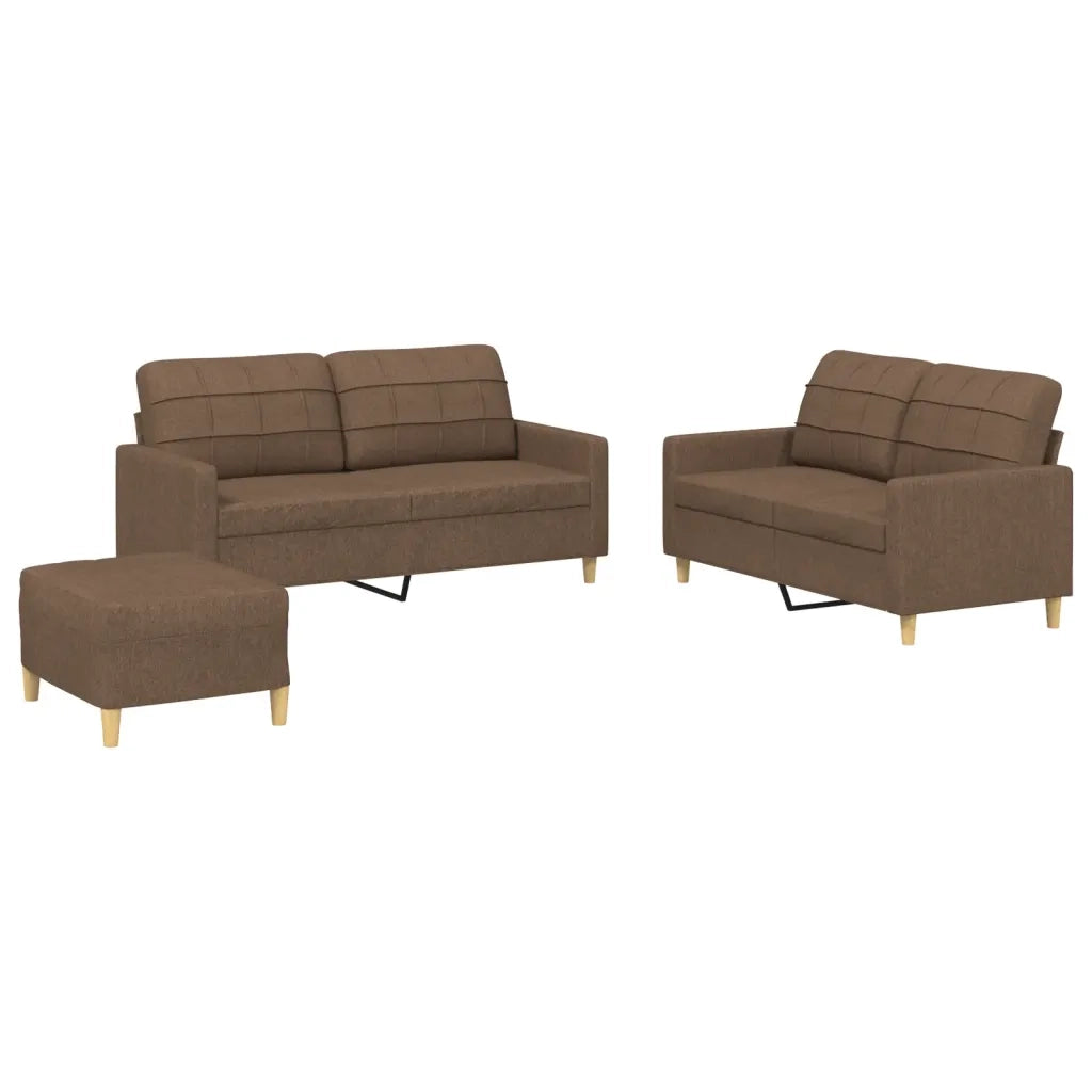 Set di Divani 3 pz con Cuscini Marrone in Tessuto