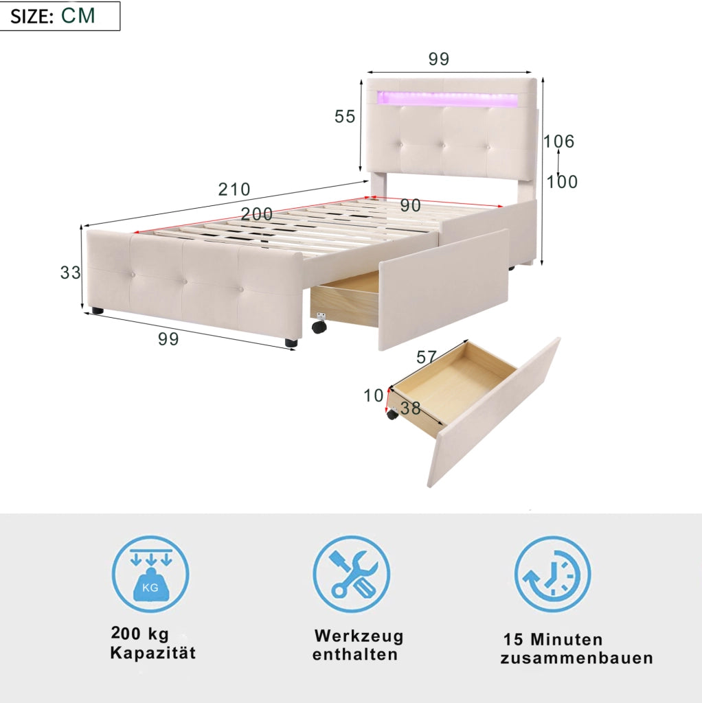 Letto imbottito con LED e 2 cassetti, 90x200 cm, beige
