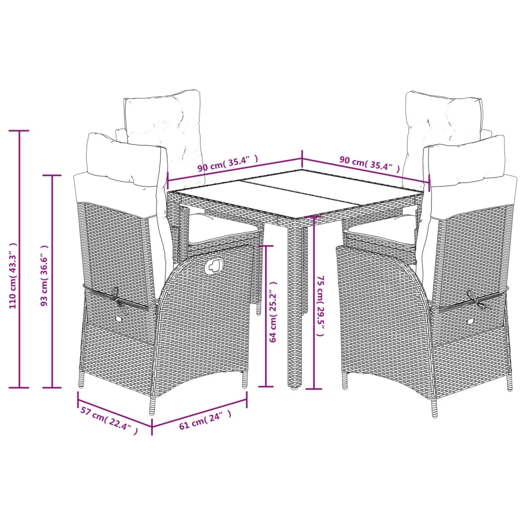 Set da Pranzo da Giardino 5 pz Nero con Cuscini in Polyrattan 3213059