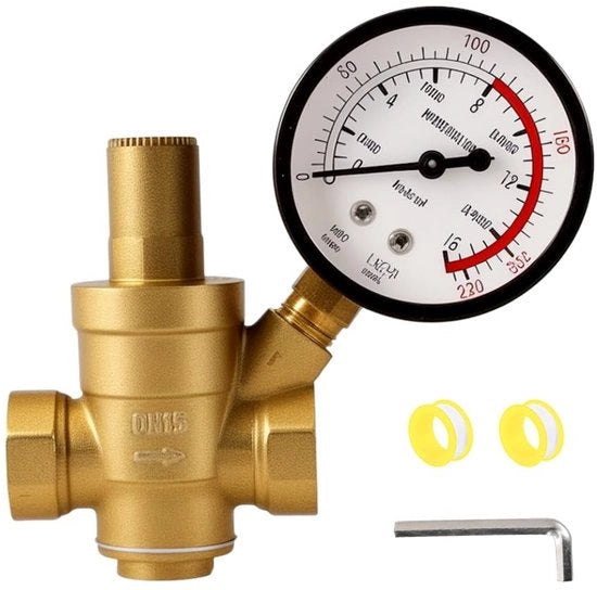 Regolatore di pressione acqua 1/2 pollici DN15 con manometro - Valvola di riduzione di pressione acqua - Regolatore di pressione acqua - Lavorazione in ottone - Montaggio semplice - Per sistemi domestici e industriali - Valvola di pressione acqua