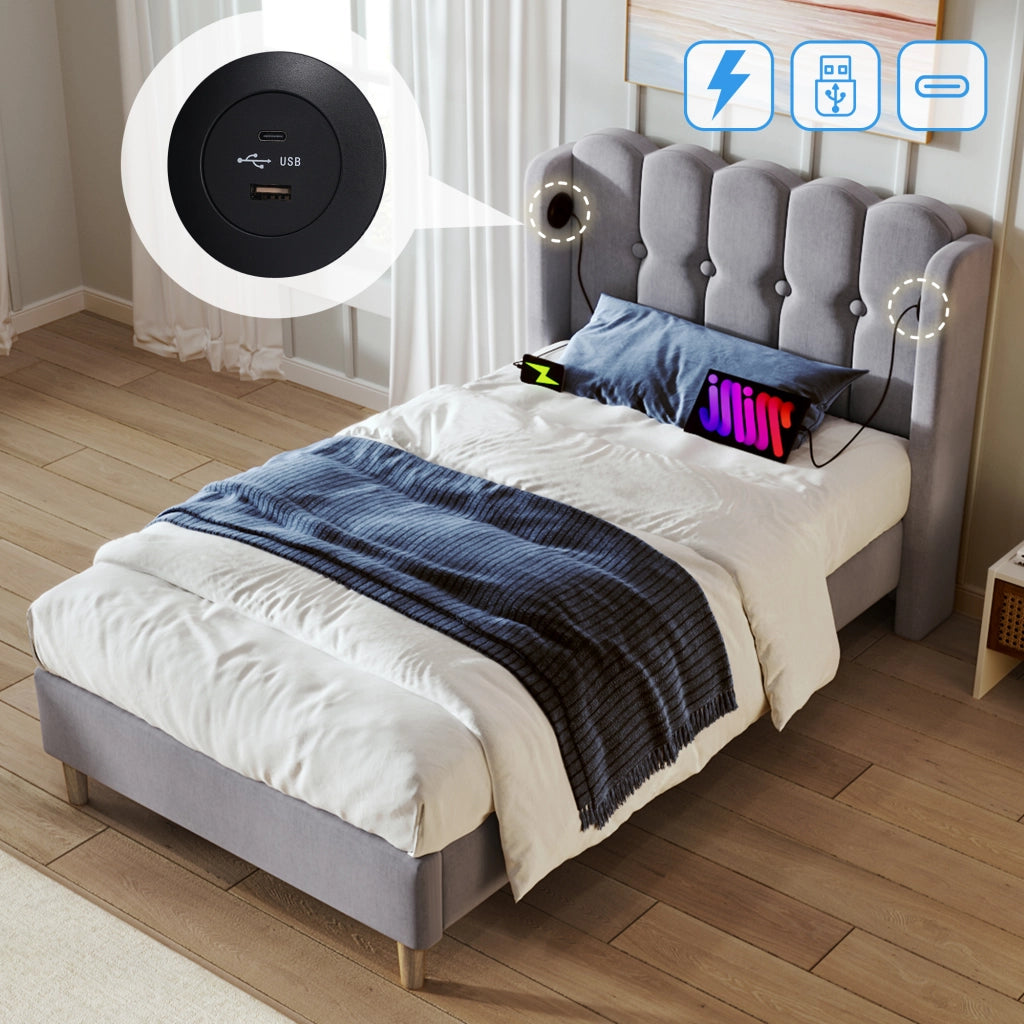 LETTO imbottito 90x200 cm grigio in lino con porta USB e USB-C