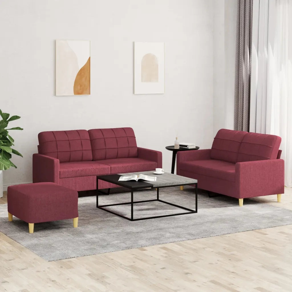 Set di Divani 3 pz con Cuscini Rosso Vino in Tessuto 3201288