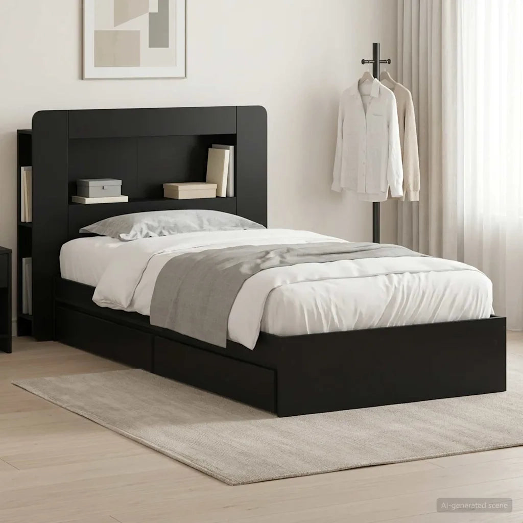Letto singolo | Letto per adulti | Telaio del letto con storage con cassetto Nero 75 x 190 cm