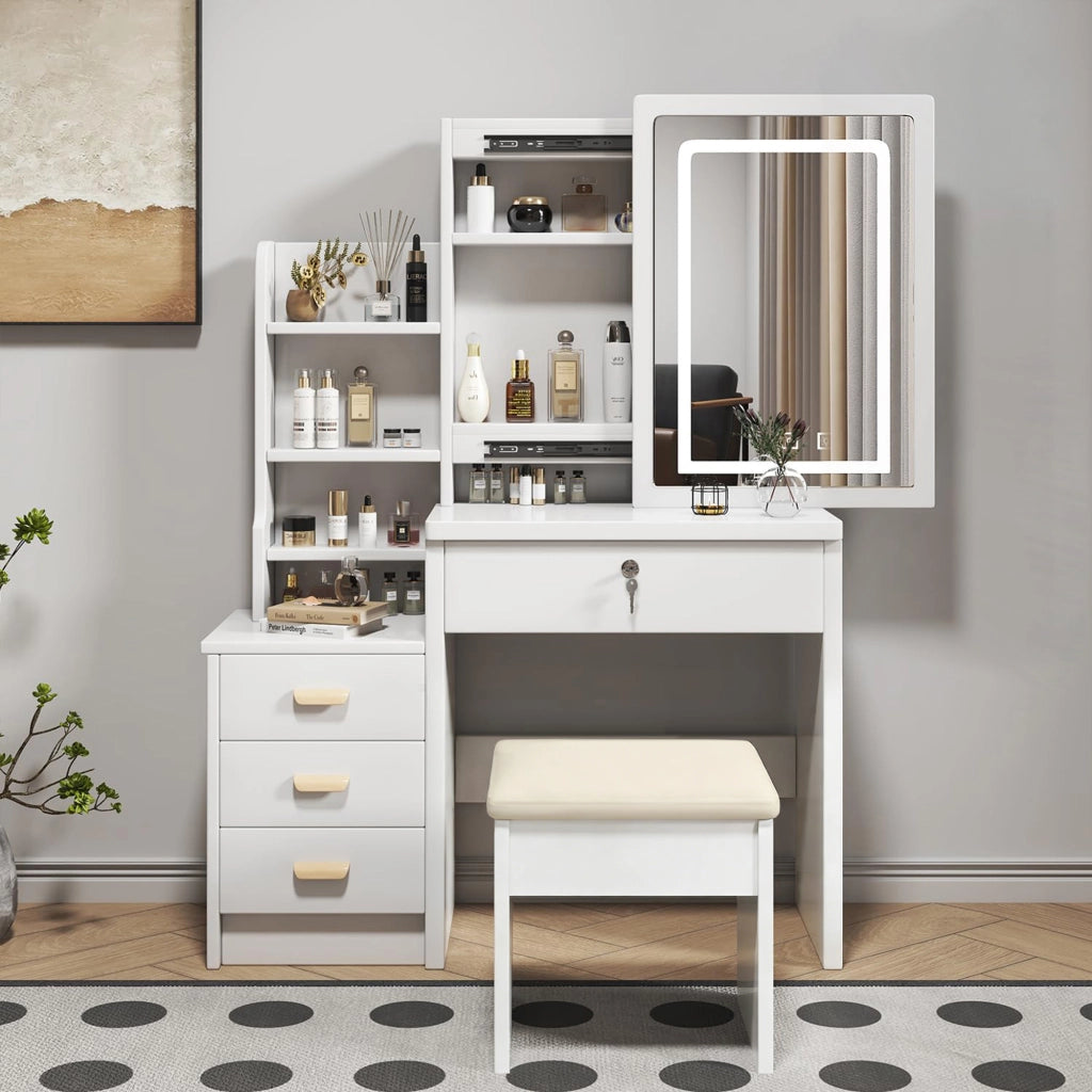 Tavolo Trucco con Specchio Illuminato e Sgabello, 4 Cassetti, Luce 3 Colori ¨C MINIMAL ¨C Bianco 85x130x36cm