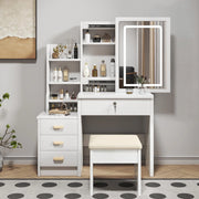 Tavolo Trucco con Specchio Illuminato e Sgabello, 4 Cassetti, Luce 3 Colori ¨C MINIMAL ¨C Bianco 85x130x36cm