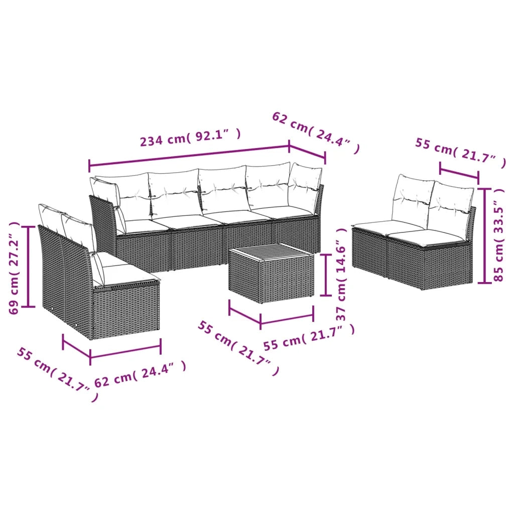 Set Divani da Giardino 9 pz con Cuscini Nero in Polyrattan 3223578