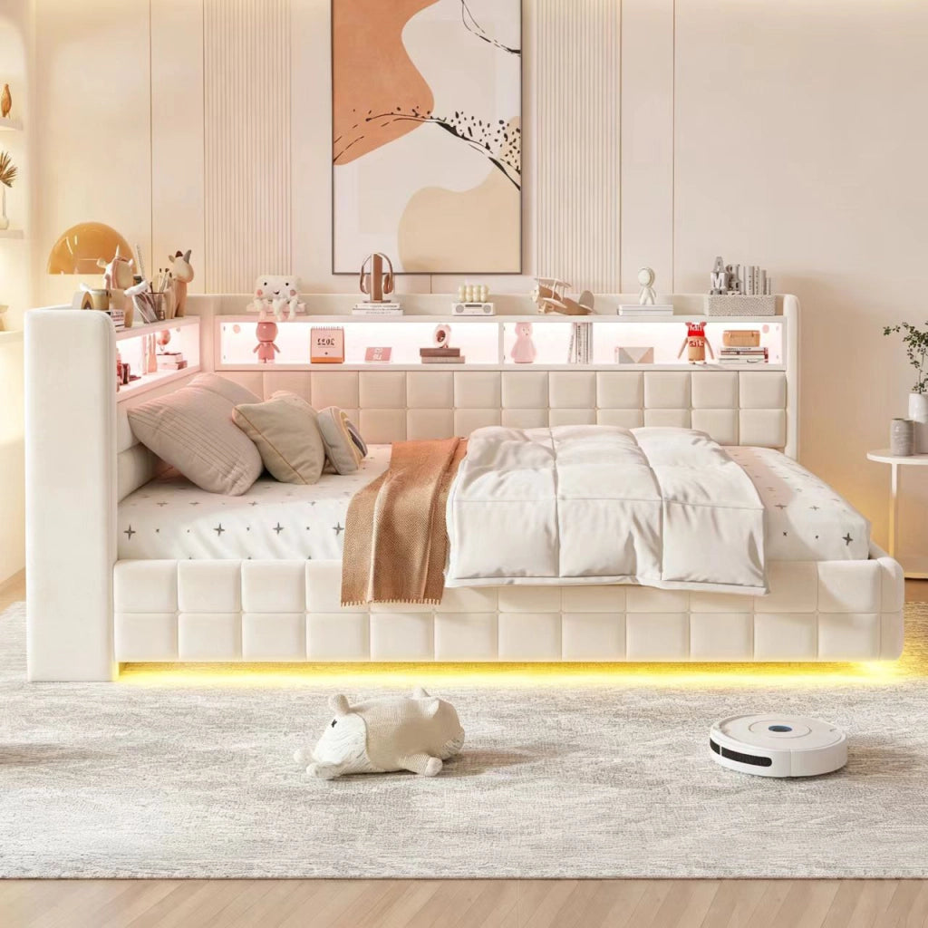 LETTO imbottito 140x200 cm Beige con contenitore idraulico, LED e prese USB-C