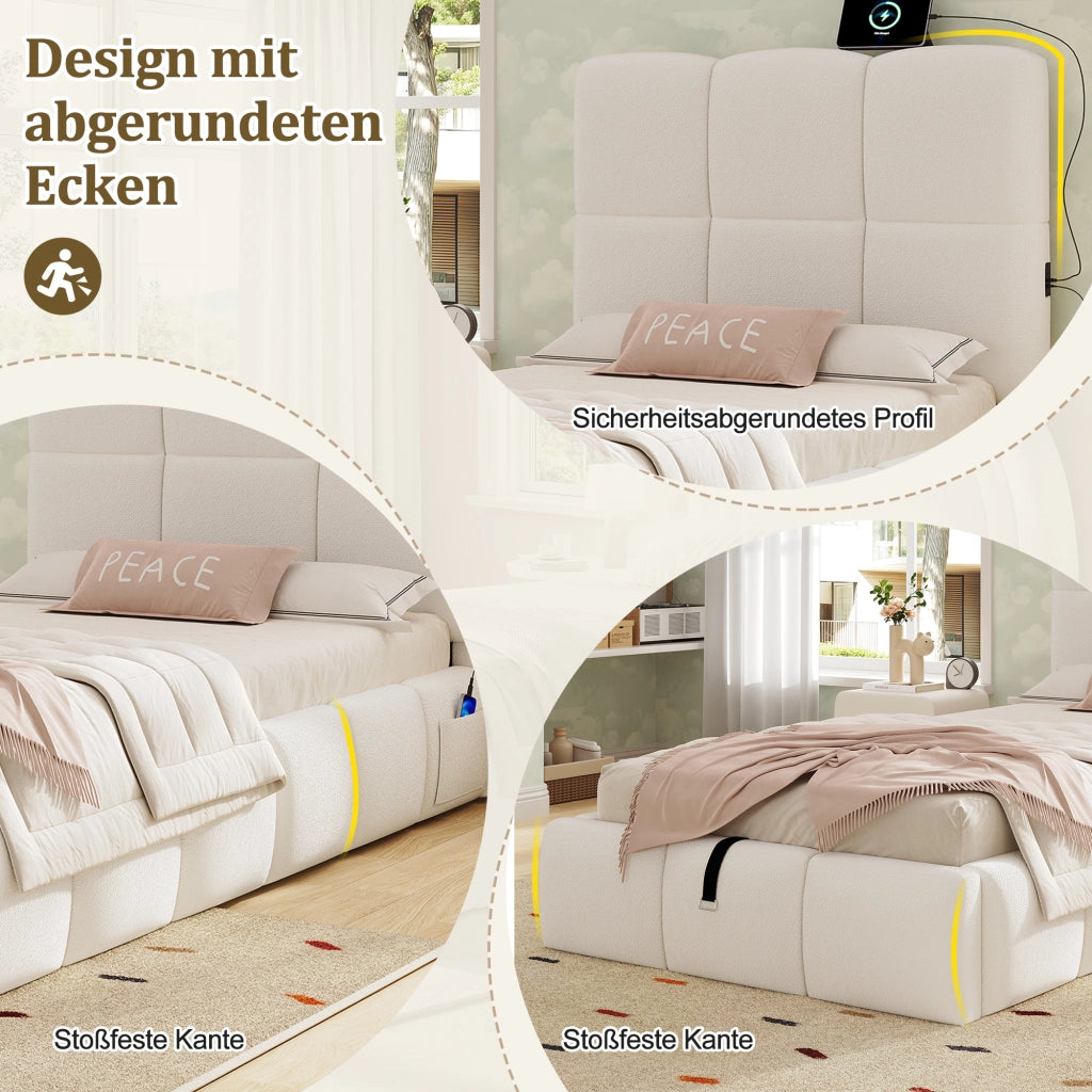 LETTO Contenitore 90x200 cm Bouclé Beige con rete a doghe e USB-C