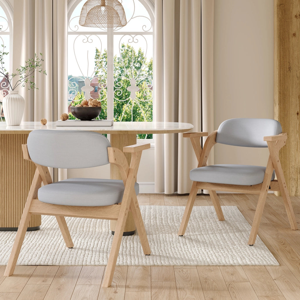 2 sedie da pranzo pieghevoli in legno massello, tessuto effetto lino grigio, con braccioli, salvaspazio