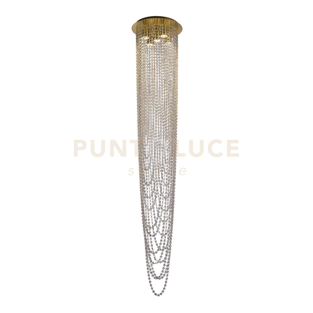Pendente Swoop 5LT, ottone satinato e cristallo trasparente
