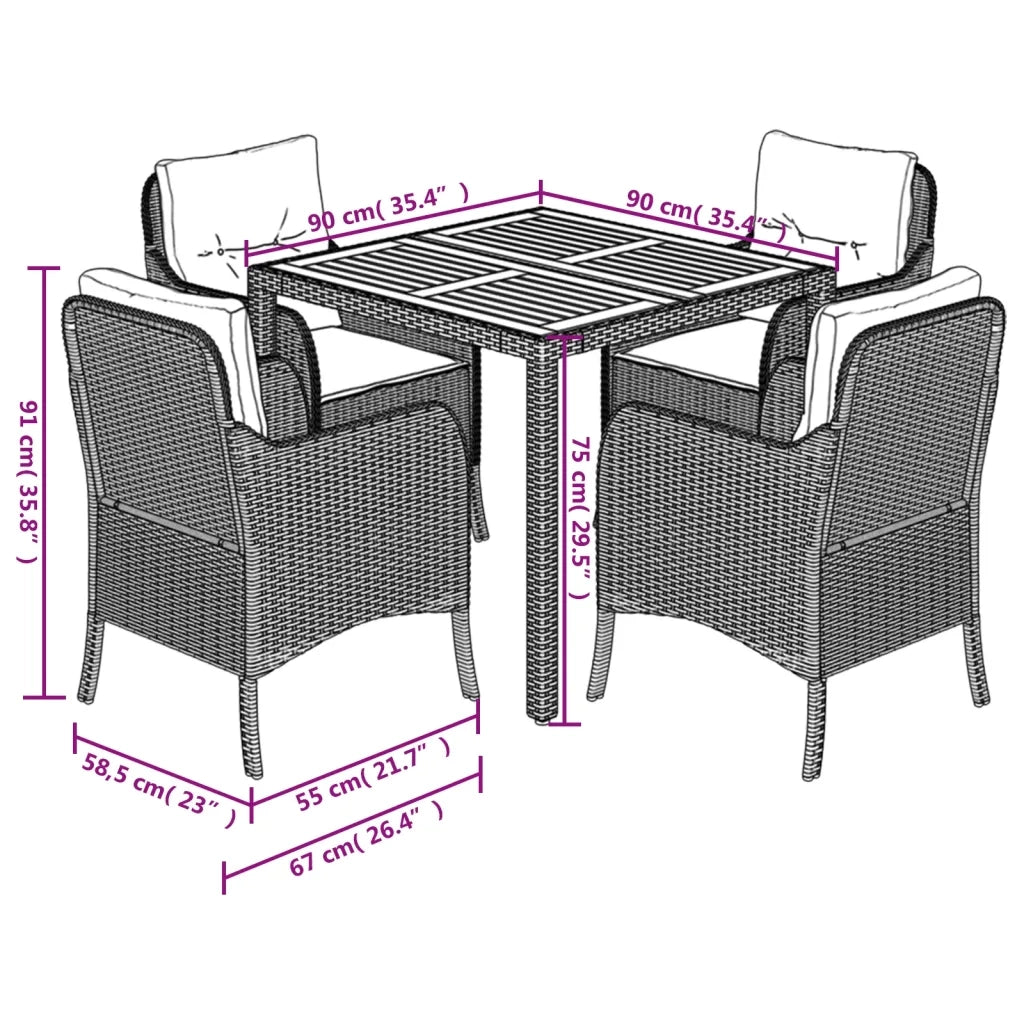 Set da Pranzo da Giardino 5 pz Nero con Cuscini in Polyrattan