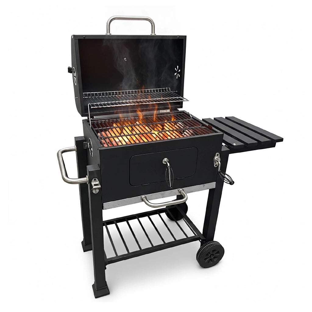 Barbecue a Carbone con Coperchio e Termometro, 1 Griglia di Cottura + Griglia Mantenimento, Apertura Frontale, Ripiano Laterale e Apribottiglie, BBQ da Giardino con Ruote