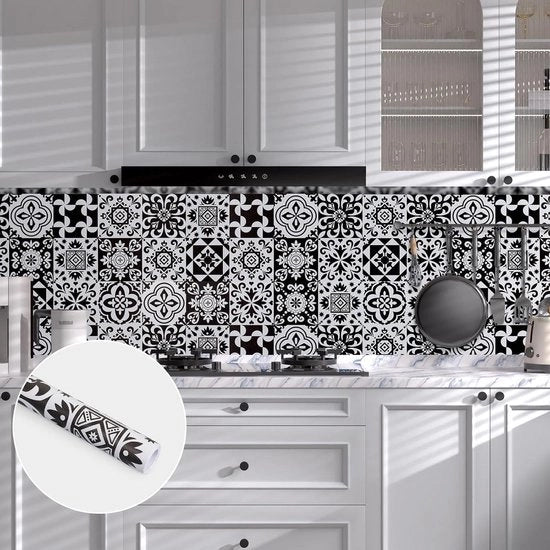 Tegli autoadesivi per cucina e bagno, nero/bianco, impermeabili, 30 x 300 cm