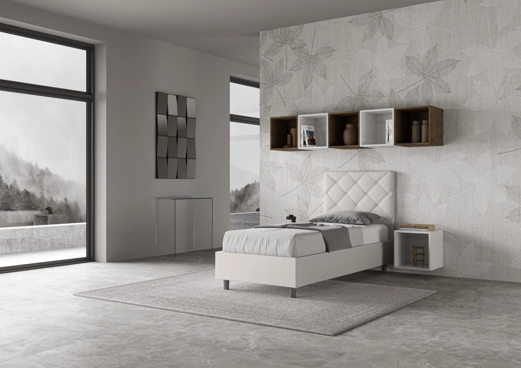 BS COM Letto singolo contenitore imbottito 90x210 similpelle bianco