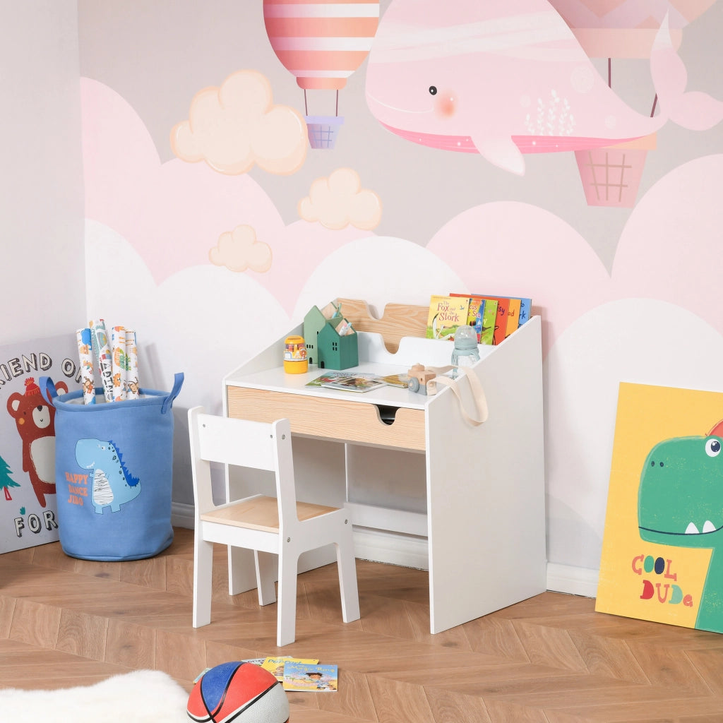 Set Scrivania e Sedia per Bambini con Cassetto e Scaffale in MDF Bianco e Legno