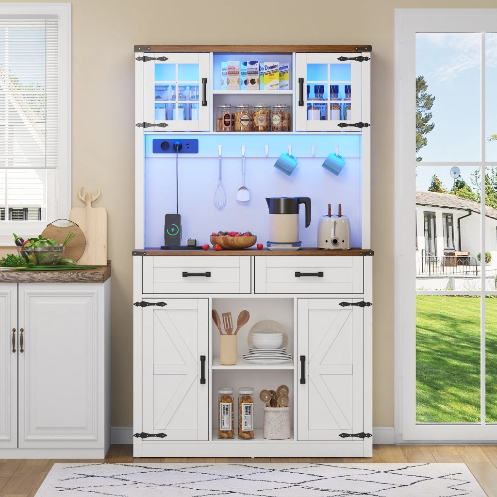Mobile Bar con LED e Prese, Buffet Cucina con Cassetti e Ripiani ¨C MINIMAL ¨C Bianco