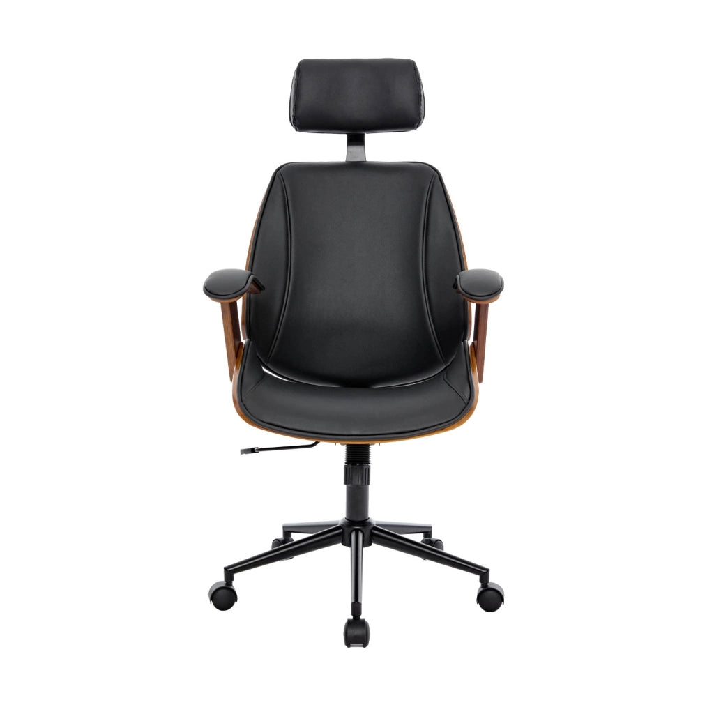 Sedia da ufficio con rotelle, effetto legno curvato e similpelle, nero