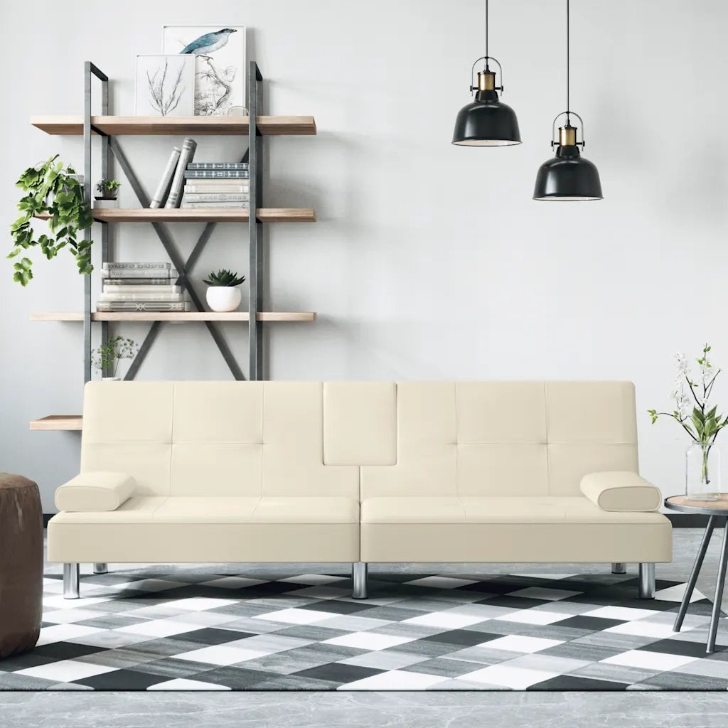 Divano Letto con Portabicchieri-Sofa Letto-Daybed in Similpelle Crema