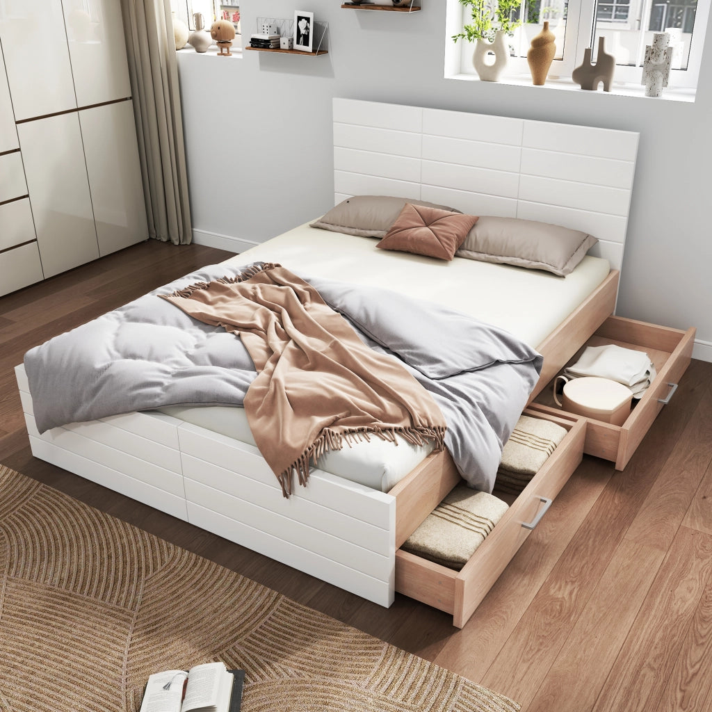 LETTO matrimoniale 140x200 cm con 2 cassetti, bianco e quercia