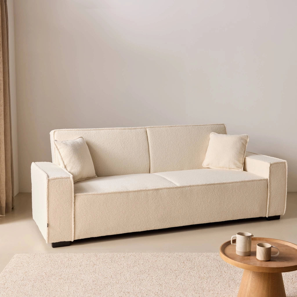 Divano letto in tessuto bouclé, 3 posti, crema