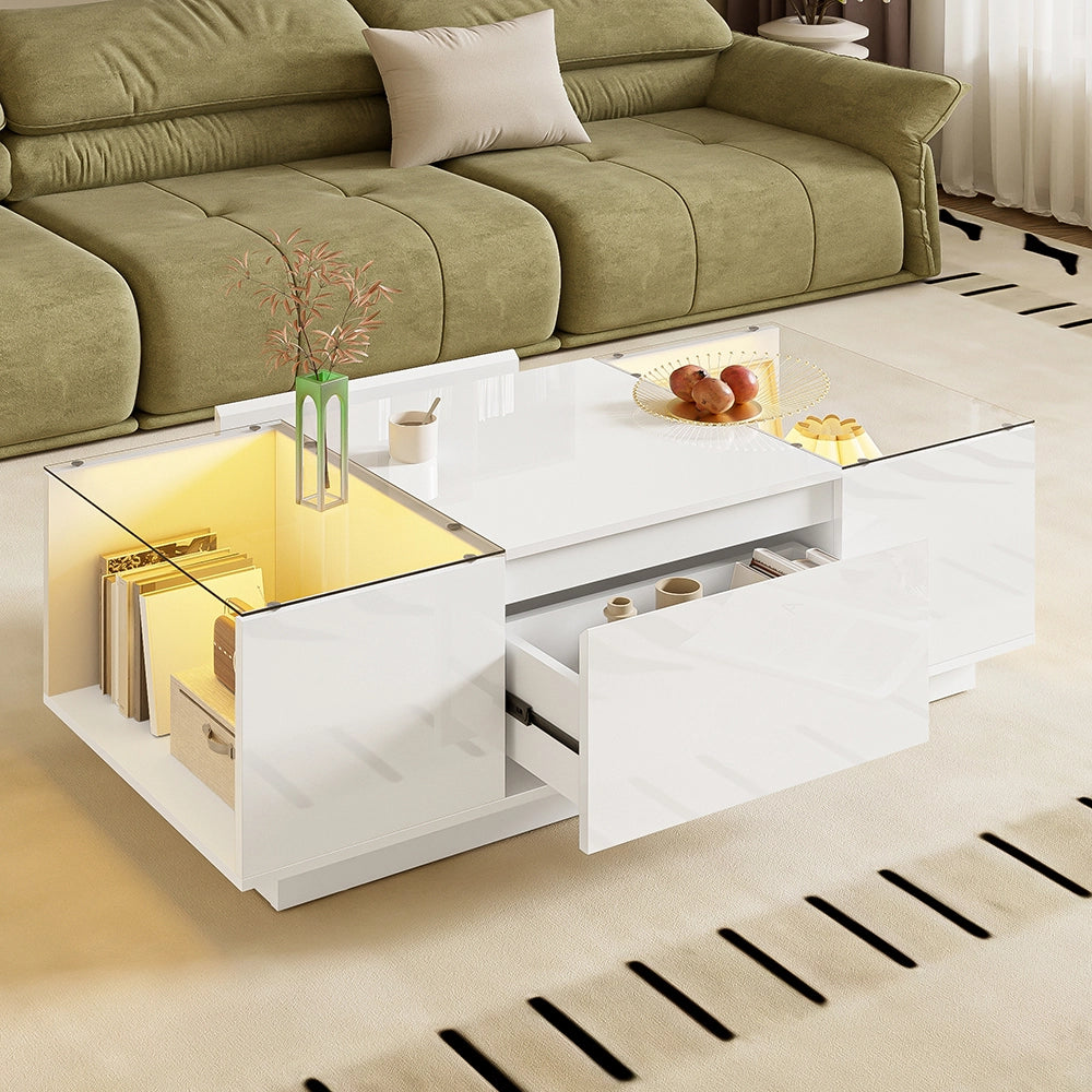 Tavolino-Xylo-105cm vetro LED 2 cassetti spazio archiviazione