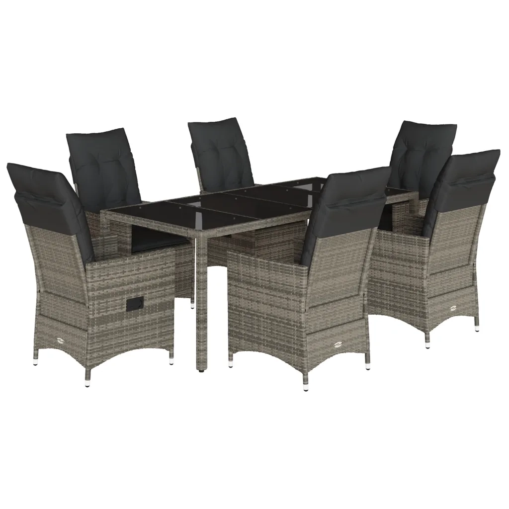 Set da Pranzo da Giardino 7 pz con Cuscini in Polyrattan Grigio