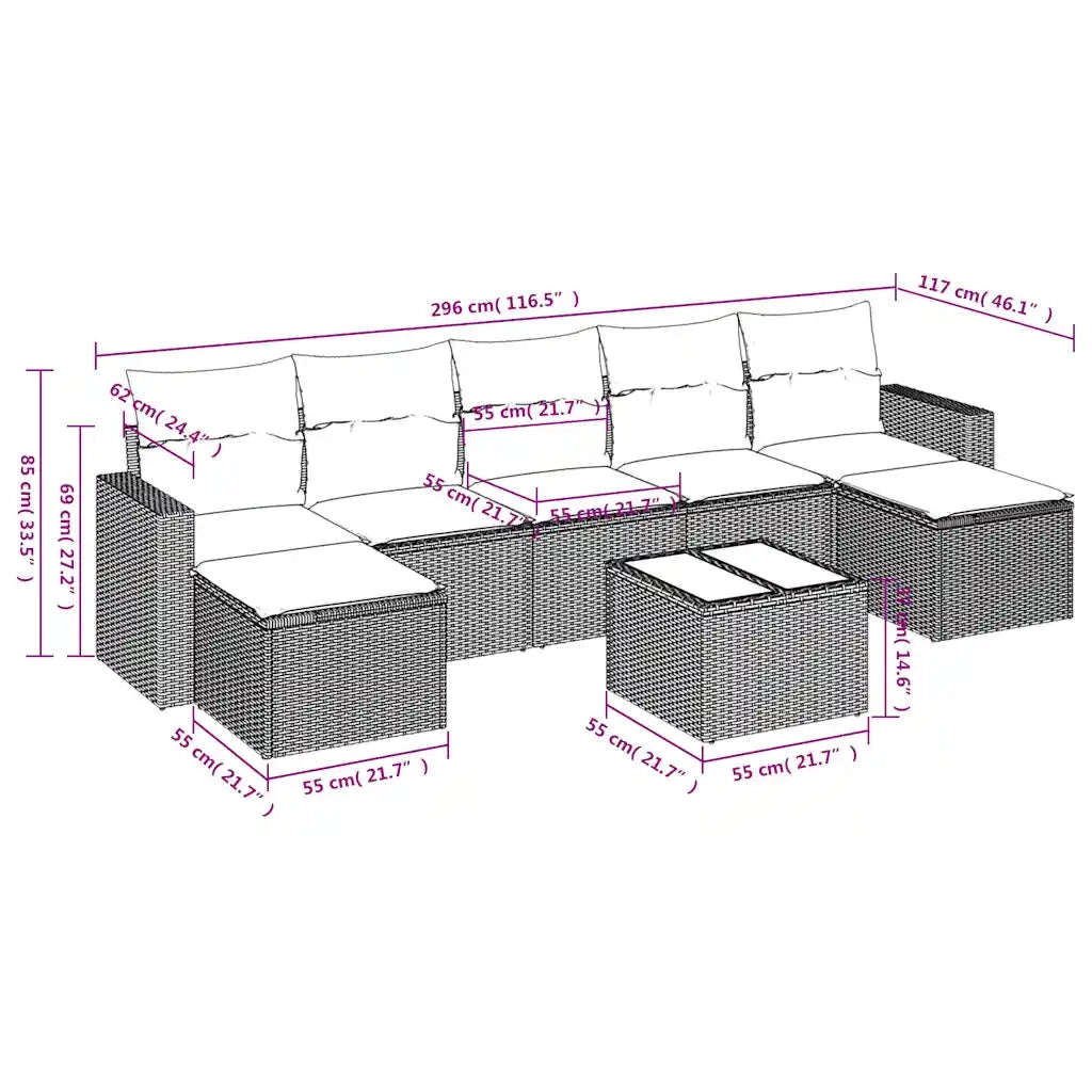 Set Divani da Giardino 8 pz con Cuscini Marrone in Polyrattan 3251690