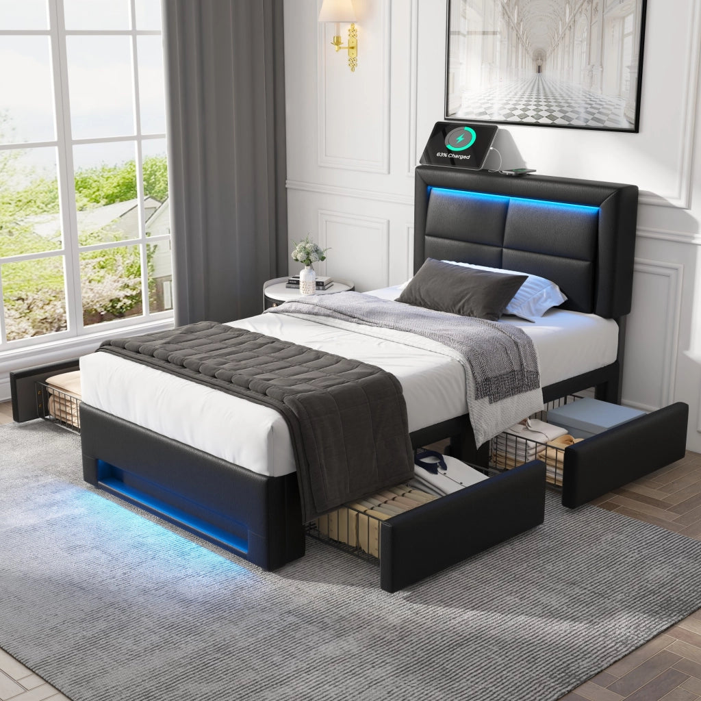 LETTO imbottito 90x200 cm nero in PU con USB, LED e 4 cassetti