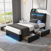 LETTO imbottito 90x200 cm nero in PU con USB, LED e 4 cassetti