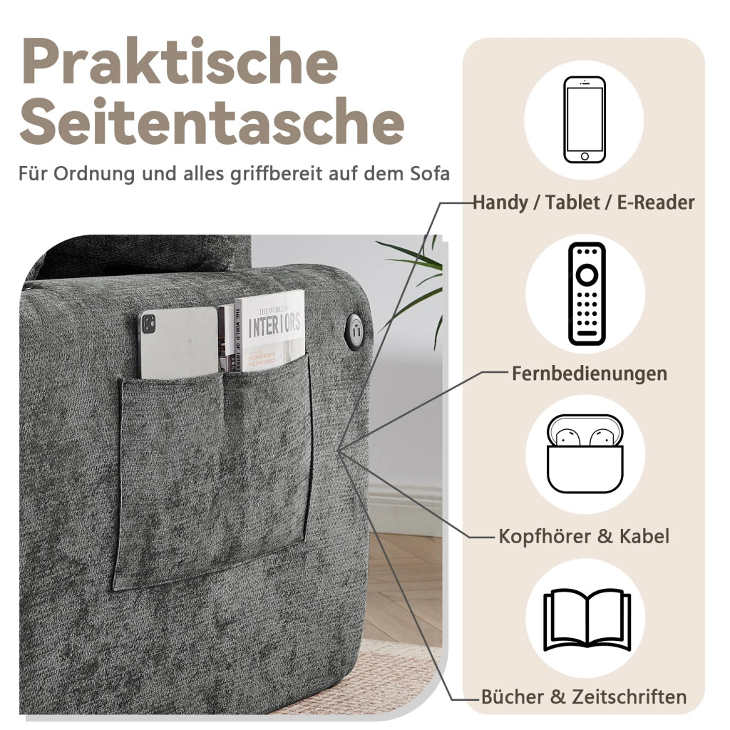 Divano 2 Posti con tasca laterale, portabicchiere, USB e cuscini in Chenille, Grigio