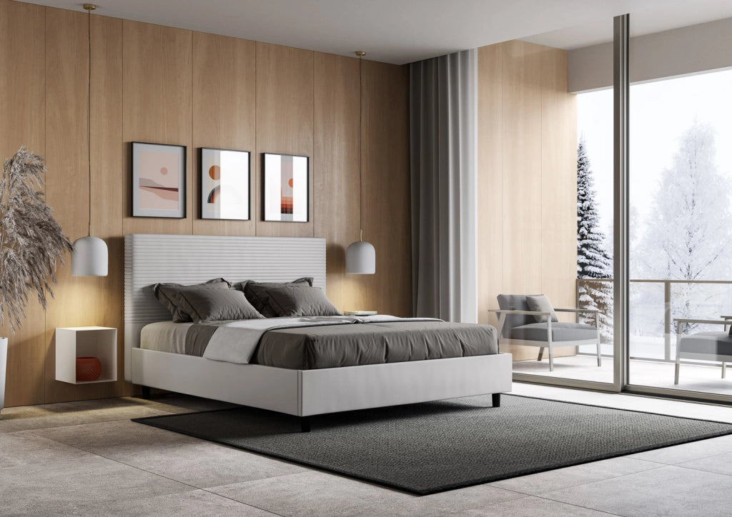BS COM Letto matrimoniale francese con rete imbottito 140x210 similpelle bianco