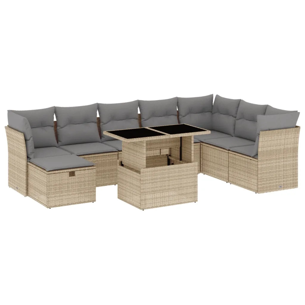 Set Divano da Giardino 9 pz con Cuscini Beige in Polyrattan