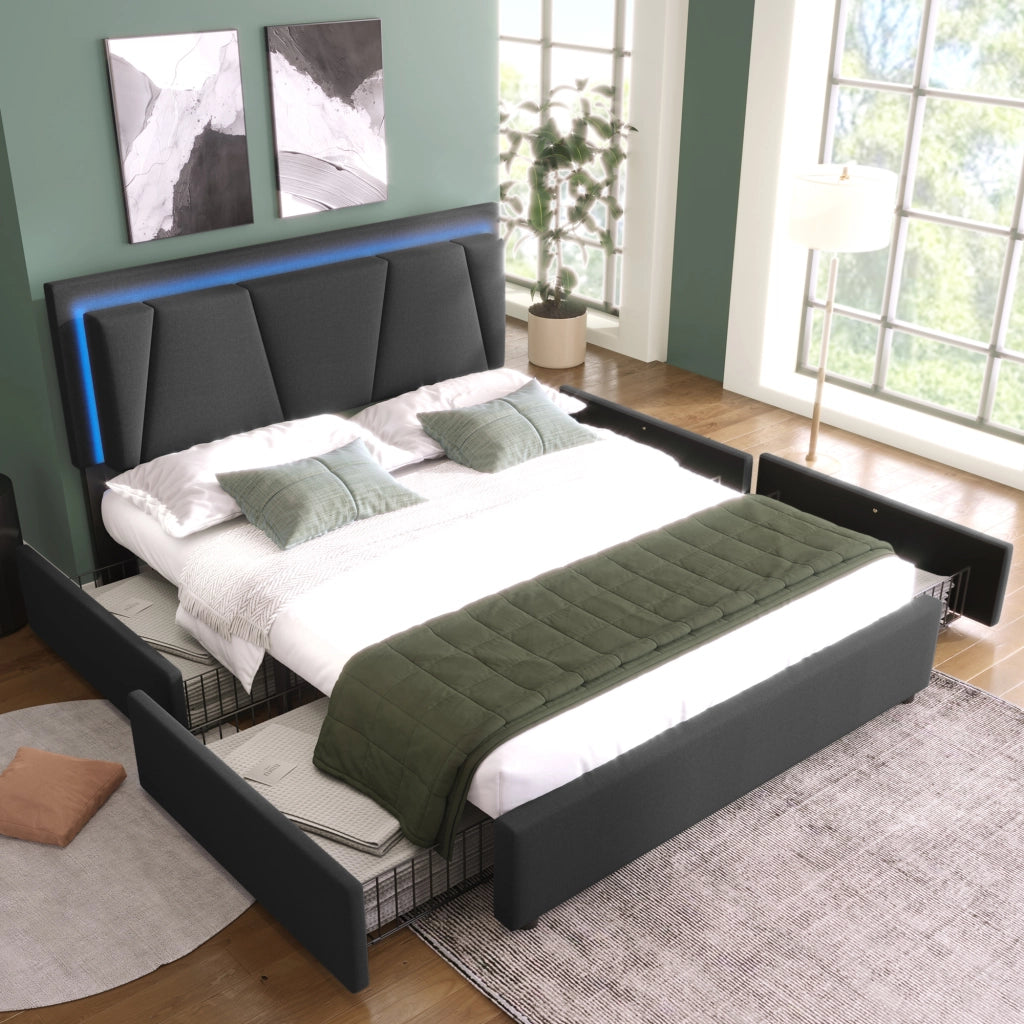 LETTO imbottito 160x200 cm grigio con testiera regolabile, LED e 4 cassetti