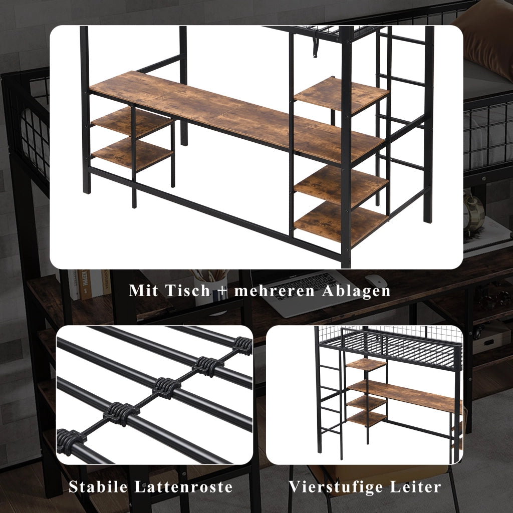 Letto a soppalco 90 × 200 cm con scrivania e ripiani scala a 4 gradini in metallo nero e legno scuro