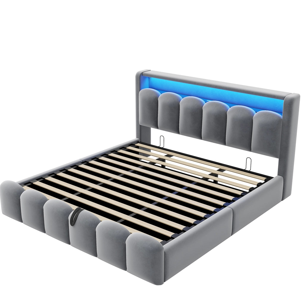 Letto imbottito matrimoniale 180x200 con contenitore, LED e porte USB/C