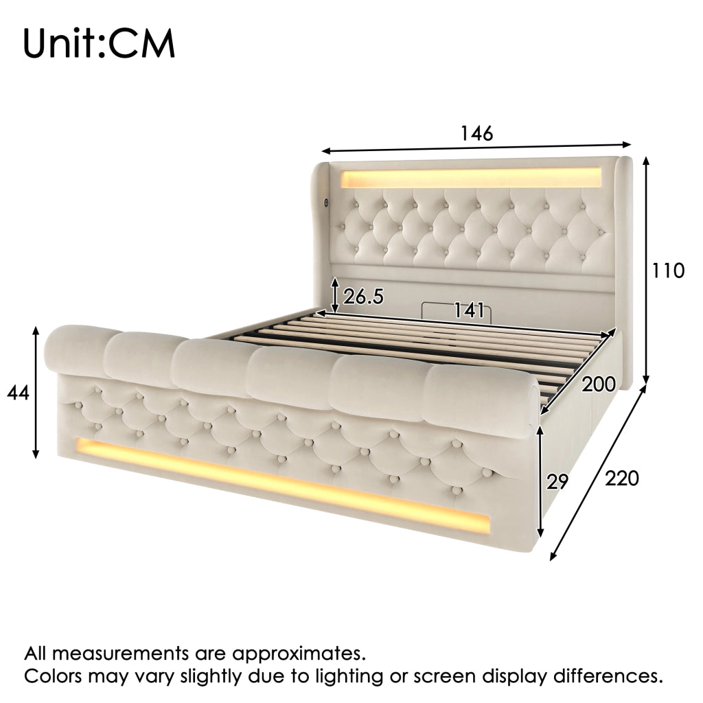 Letto imbottito con LED, ricarica USB e contenitore idraulico