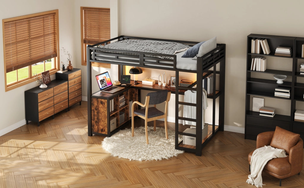 Letto alto in metallo 140x200 scrivania con luci LED e portaoggetti USB in metallo nero