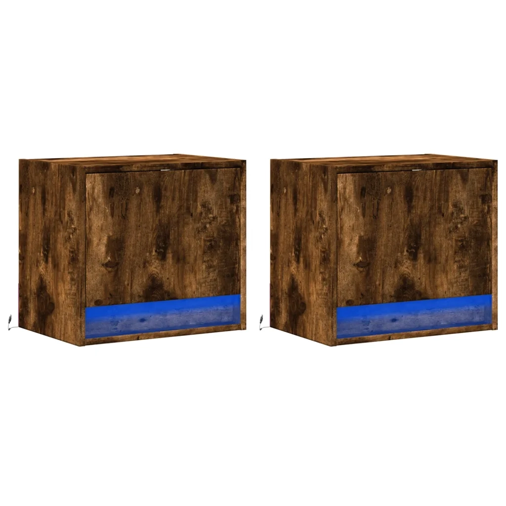 Comodini a Parete con luci LED 2 pz Rovere Fumo 852084